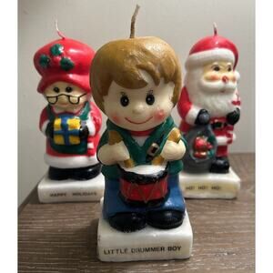 Vtg Christmas Candles Hand Painted Figures set of 3 Santa Mrs Claus Drummer Boy